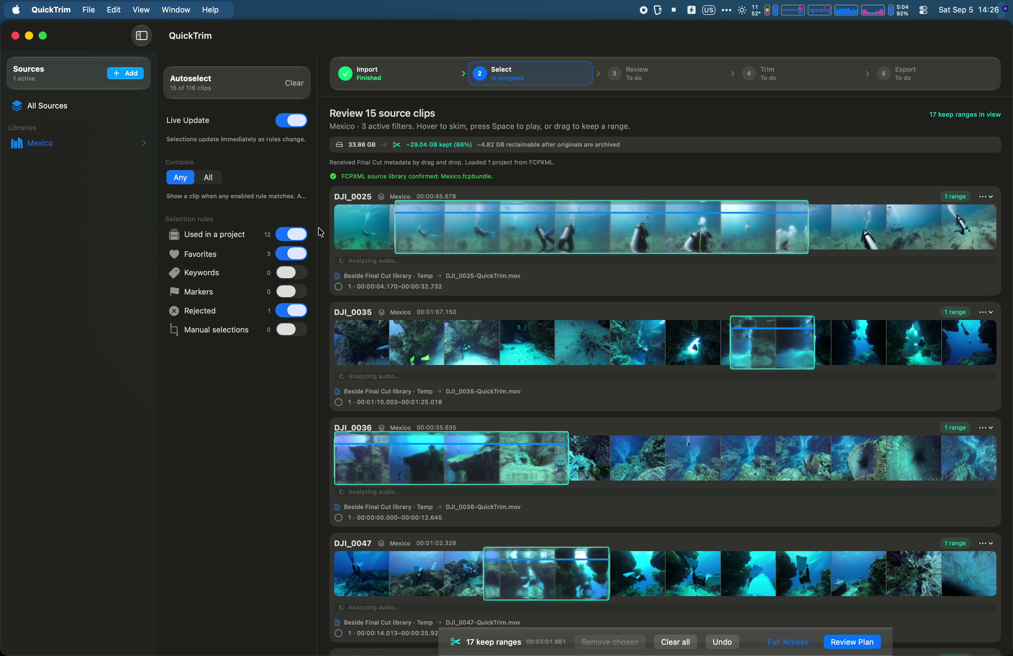 QuickTrim showing video filmstrips and selected ranges from a Final Cut Pro library